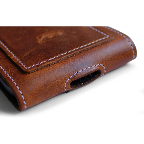 Skórzane etui na szyję / do paska / do szlufki kabura pionowa LURESKO HECTOR XXL 167x78x10mm (jasny brąz vintage biała nić)