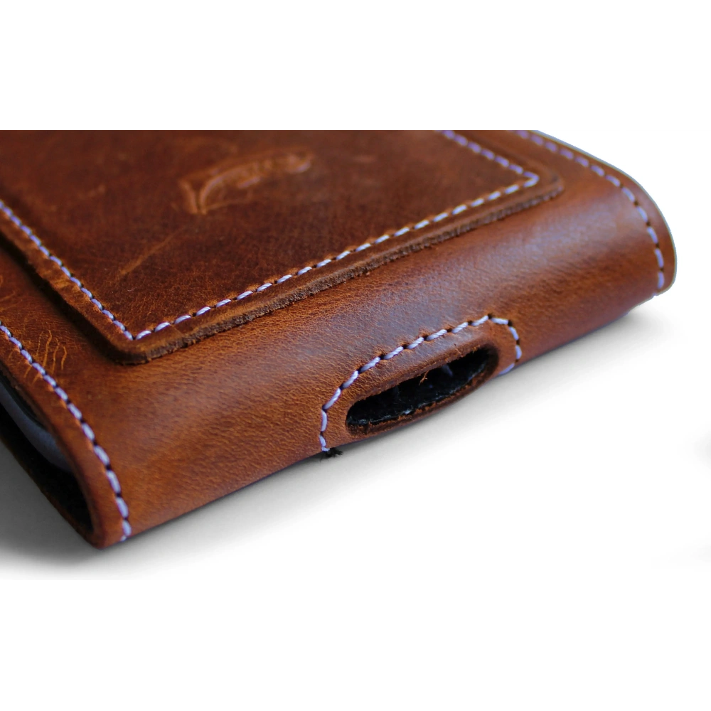 Wholesale LURESKO HECTOR XXL R XXL leather neck case / belt case / loop holster vertical 167x78x10mm (light vintage brown with white thread) - LUR125 - {ean13} - Hurt