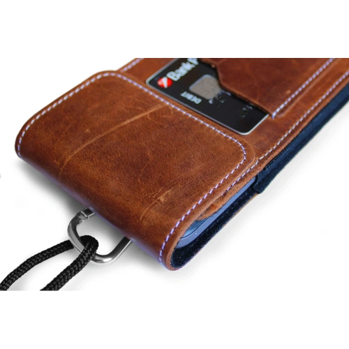 Skórzane etui na szyję / do paska / do szlufki kabura pionowa LURESKO HECTOR XXL 167x78x10mm (jasny brąz vintage biała nić)