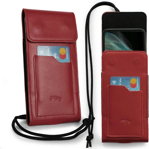 Skórzane etui na szyję / do paska / do szlufki kabura pionowa LURESKO HECTOR XXL 167x78x10mm (czerwony gładki czerwona nić)