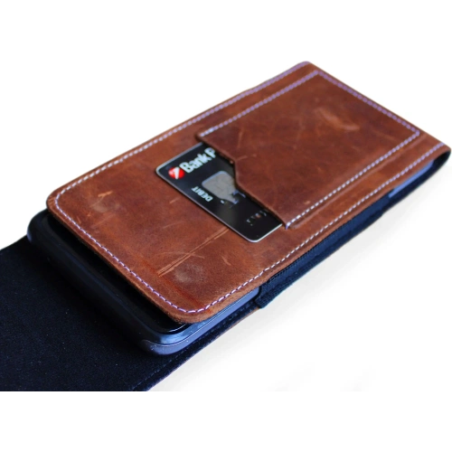 Skórzane etui na szyję / do paska / do szlufki kabura pionowa LURESKO HECTOR XXL 167x78x10mm (jasny brąz vintage biała nić)