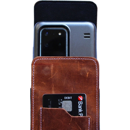 Skórzane etui na szyję / do paska / do szlufki kabura pionowa LURESKO HECTOR XXL 167x78x10mm (jasny brąz vintage biała nić)