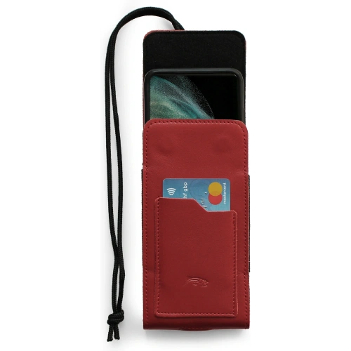 Skórzane etui na szyję / do paska / do szlufki kabura pionowa LURESKO HECTOR XXL 167x78x10mm (czerwony gładki czerwona nić)