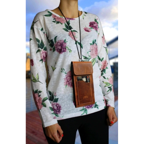 Skórzane etui na szyję / do paska / do szlufki kabura pionowa LURESKO HECTOR XXL 167x78x10mm (jasny brąz vintage biała nić)