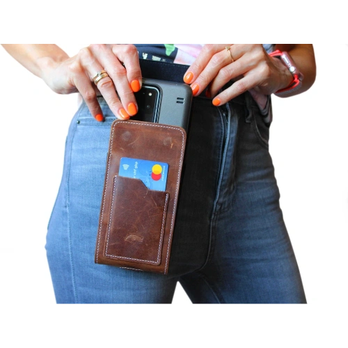 Skórzane etui na szyję / do paska / do szlufki kabura pionowa LURESKO HECTOR XXL 167x78x10mm (jasny brąz vintage biała nić)