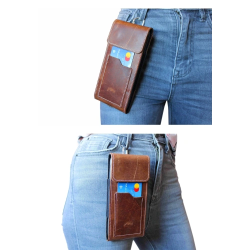 Skórzane etui na szyję / do paska / do szlufki kabura pionowa LURESKO HECTOR XXL 167x78x10mm (jasny brąz vintage biała nić)