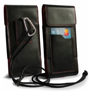 Wholesale LURESKO HECTOR XXL leather neck case / belt case / loop holster vertical 167x78x10mm (black smooth red thread red interior) - LUR127 - {ean13} - Hurt