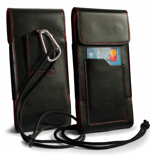 Skórzane etui na szyję / do paska / do szlufki kabura pionowa LURESKO HECTOR XXL 167x78x10mm (czarny gładki czerwona nić czerwony środek)