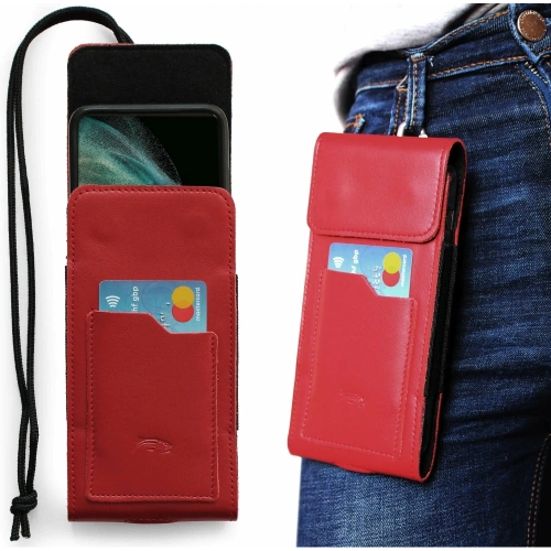 Skórzane etui na szyję / do paska / do szlufki kabura pionowa LURESKO HECTOR XXL 167x78x10mm (czerwony gładki czerwona nić)