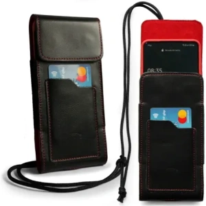 Wholesale LURESKO HECTOR XXL leather neck case / belt case / loop holster vertical 167x78x10mm (black smooth red thread red interior) - LUR127 - {ean13} - Hurt