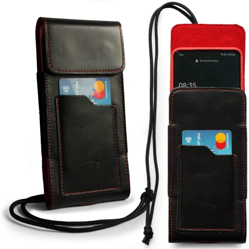 Skórzane etui na szyję / do paska / do szlufki kabura pionowa LURESKO HECTOR XXL 167x78x10mm (czarny gładki czerwona nić czerwony środek)