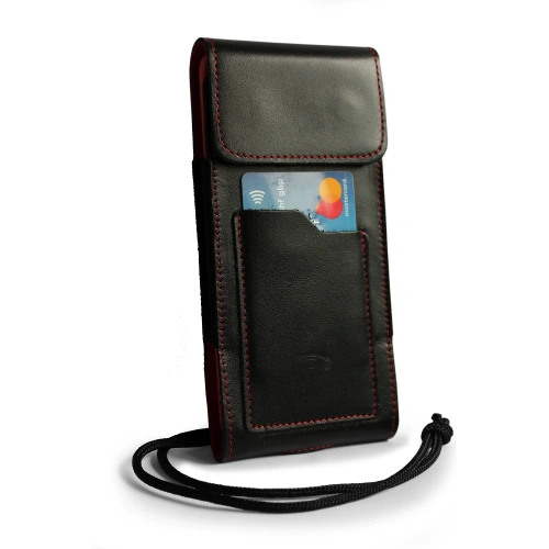 Skórzane etui na szyję / do paska / do szlufki kabura pionowa LURESKO HECTOR XXL 167x78x10mm (czarny gładki czerwona nić czerwony środek)