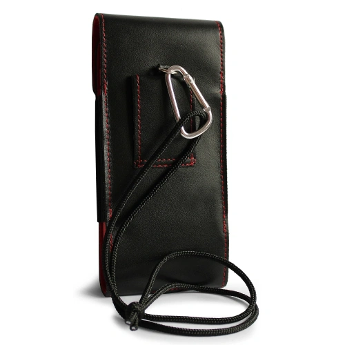 Skórzane etui na szyję / do paska / do szlufki kabura pionowa LURESKO HECTOR XXL 167x78x10mm (czarny gładki czerwona nić czerwony środek)
