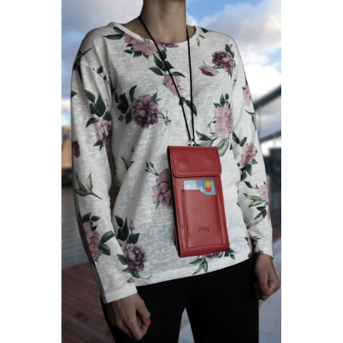 Skórzane etui na szyję / do paska / do szlufki kabura pionowa LURESKO HECTOR XXL 167x78x10mm (czerwony gładki czerwona nić)