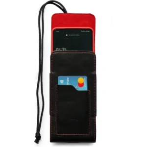 Wholesale LURESKO HECTOR XXL leather neck case / belt case / loop holster vertical 167x78x10mm (black smooth red thread red interior) - LUR127 - {ean13} - Hurt
