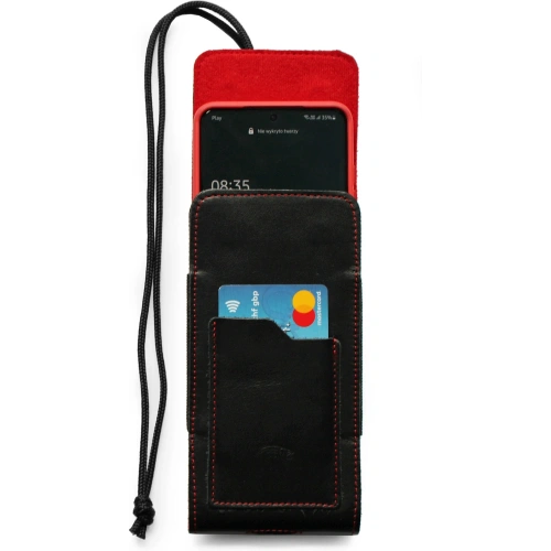 Skórzane etui na szyję / do paska / do szlufki kabura pionowa LURESKO HECTOR XXL 167x78x10mm (czarny gładki czerwona nić czerwony środek)