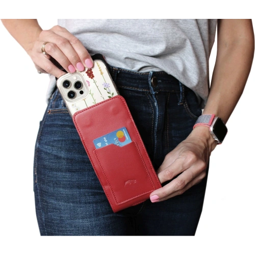 Skórzane etui na szyję / do paska / do szlufki kabura pionowa LURESKO HECTOR XXL 167x78x10mm (czerwony gładki czerwona nić)