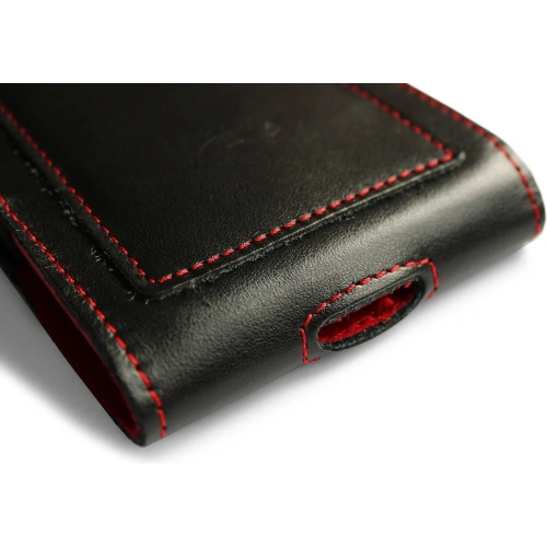 Skórzane etui na szyję / do paska / do szlufki kabura pionowa LURESKO HECTOR XXL 167x78x10mm (czarny gładki czerwona nić czerwony środek)