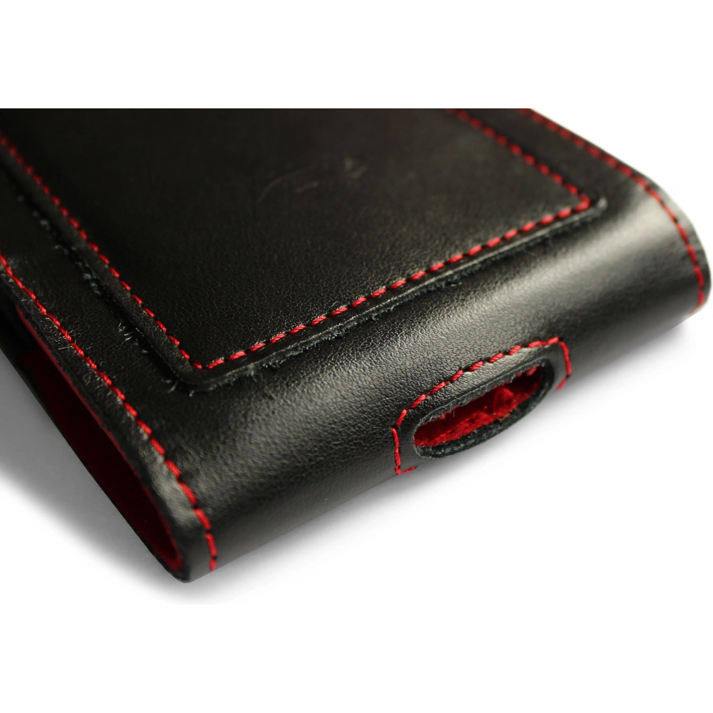Wholesale LURESKO HECTOR XXL leather neck case / belt case / loop holster vertical 167x78x10mm (black smooth red thread red interior) - LUR127 - {ean13} - Hurt