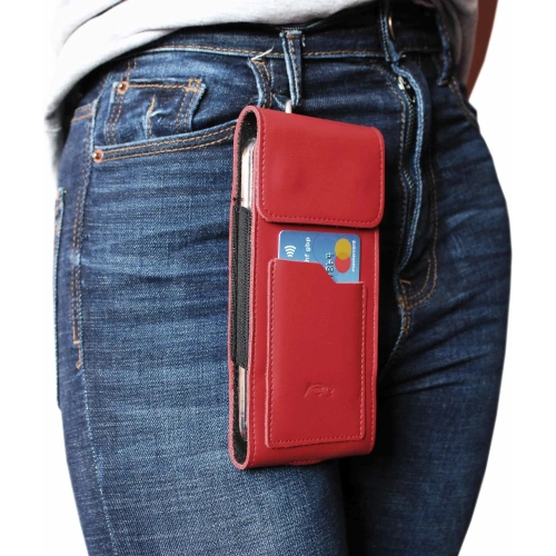 Skórzane etui na szyję / do paska / do szlufki kabura pionowa LURESKO HECTOR XXL 167x78x10mm (czerwony gładki czerwona nić)