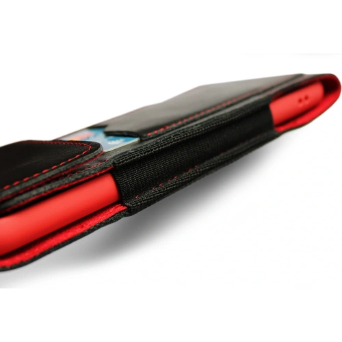 Skórzane etui na szyję / do paska / do szlufki kabura pionowa LURESKO HECTOR XXL 167x78x10mm (czarny gładki czerwona nić czerwony środek)