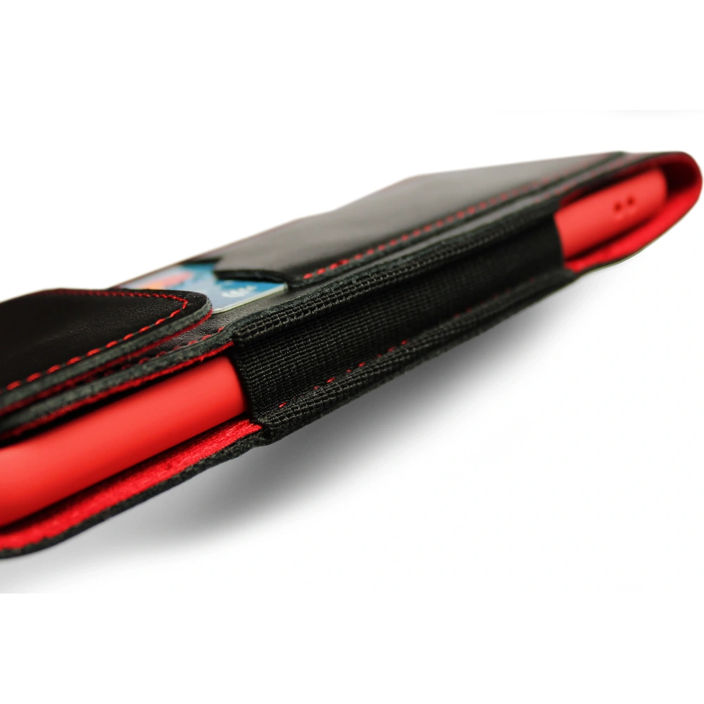 Wholesale LURESKO HECTOR XXL leather neck case / belt case / loop holster vertical 167x78x10mm (black smooth red thread red interior) - LUR127 - {ean13} - Hurt