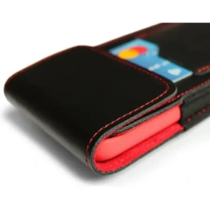 Wholesale LURESKO HECTOR XXL leather neck case / belt case / loop holster vertical 167x78x10mm (black smooth red thread red interior) - LUR127 - {ean13} - Hurt