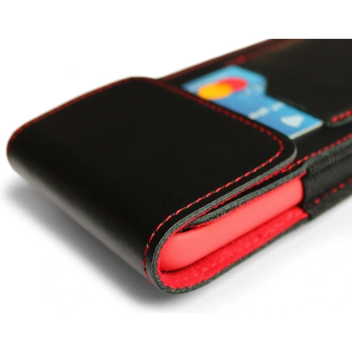 Skórzane etui na szyję / do paska / do szlufki kabura pionowa LURESKO HECTOR XXL 167x78x10mm (czarny gładki czerwona nić czerwony środek)