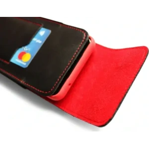 Wholesale LURESKO HECTOR XXL leather neck case / belt case / loop holster vertical 167x78x10mm (black smooth red thread red interior) - LUR127 - {ean13} - Hurt