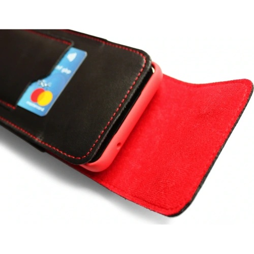 Skórzane etui na szyję / do paska / do szlufki kabura pionowa LURESKO HECTOR XXL 167x78x10mm (czarny gładki czerwona nić czerwony środek)