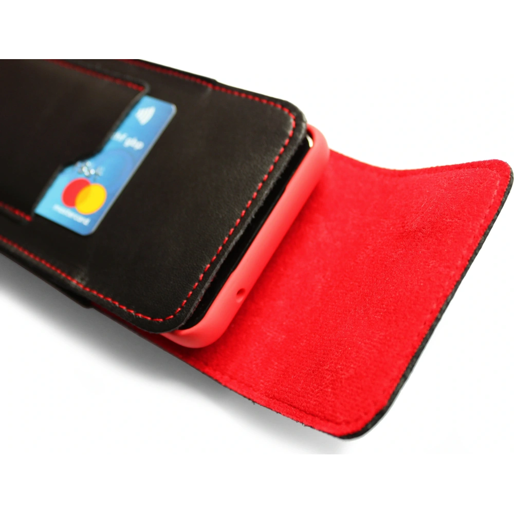 Wholesale LURESKO HECTOR XXL leather neck case / belt case / loop holster vertical 167x78x10mm (black smooth red thread red interior) - LUR127 - {ean13} - Hurt
