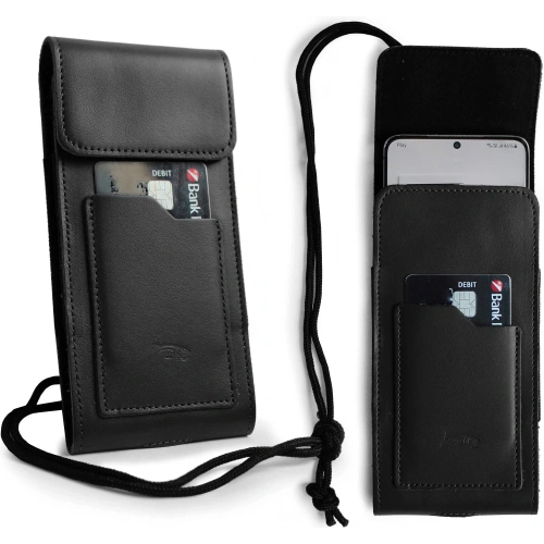 Skórzane etui na szyję / do paska / do szlufki / kabura pionowa LURESKO HECTOR XXL 167x78x10mm (czarny gładki czarna nić)