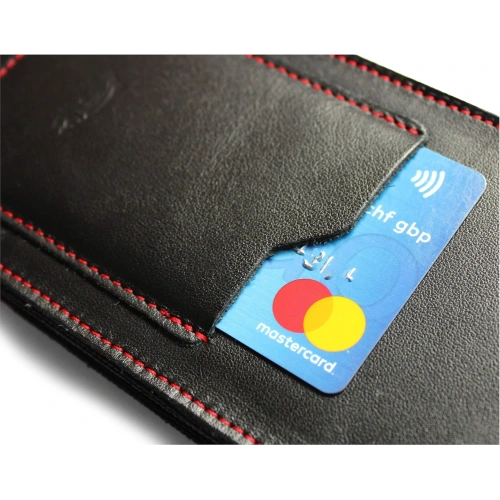 Skórzane etui na szyję / do paska / do szlufki kabura pionowa LURESKO HECTOR XXL 167x78x10mm (czarny gładki czerwona nić czerwony środek)