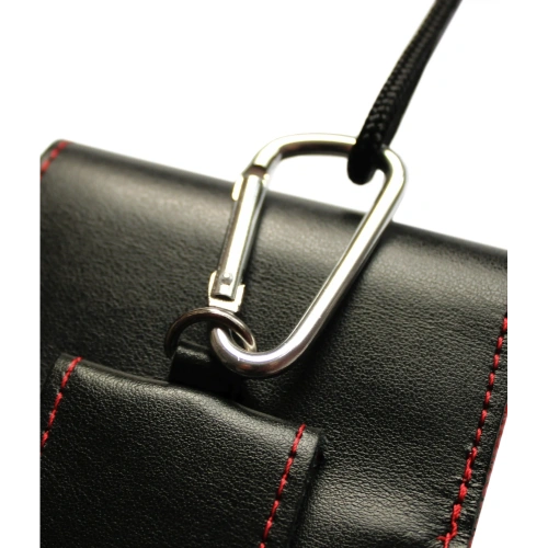 Skórzane etui na szyję / do paska / do szlufki kabura pionowa LURESKO HECTOR XXL 167x78x10mm (czarny gładki czerwona nić czerwony środek)