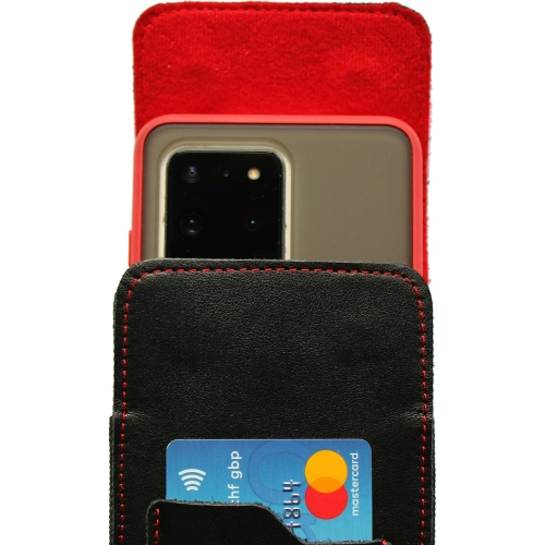 Skórzane etui na szyję / do paska / do szlufki kabura pionowa LURESKO HECTOR XXL 167x78x10mm (czarny gładki czerwona nić czerwony środek)