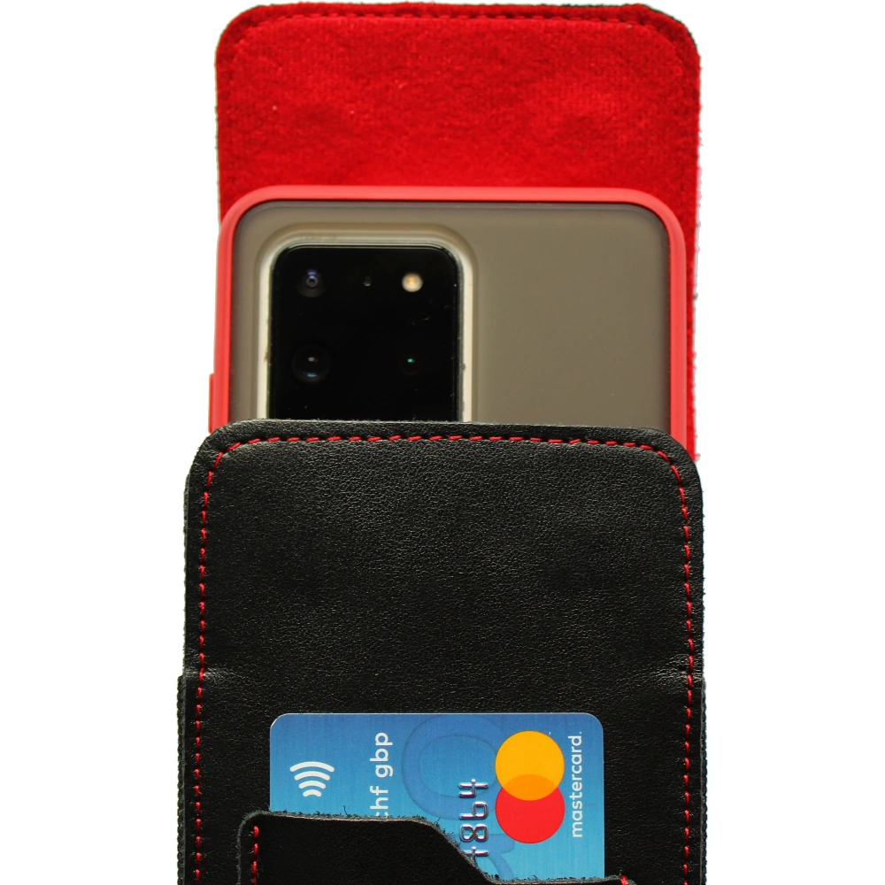 Wholesale LURESKO HECTOR XXL leather neck case / belt case / loop holster vertical 167x78x10mm (black smooth red thread red interior) - LUR127 - {ean13} - Hurt