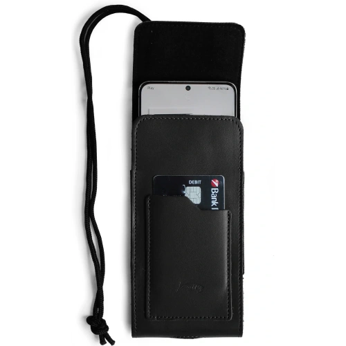 Skórzane etui na szyję / do paska / do szlufki / kabura pionowa LURESKO HECTOR XXL 167x78x10mm (czarny gładki czarna nić)