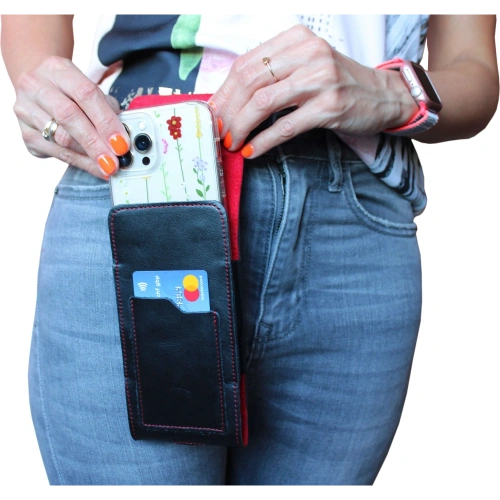 Skórzane etui na szyję / do paska / do szlufki kabura pionowa LURESKO HECTOR XXL 167x78x10mm (czarny gładki czerwona nić czerwony środek)