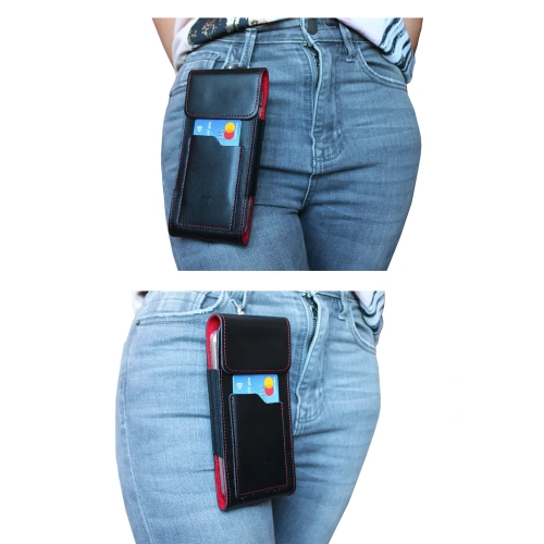 Skórzane etui na szyję / do paska / do szlufki kabura pionowa LURESKO HECTOR XXL 167x78x10mm (czarny gładki czerwona nić czerwony środek)