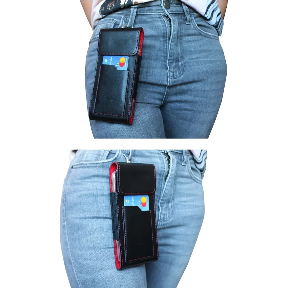 Wholesale LURESKO HECTOR XXL leather neck case / belt case / loop holster vertical 167x78x10mm (black smooth red thread red interior) - LUR127 - {ean13} - Hurt