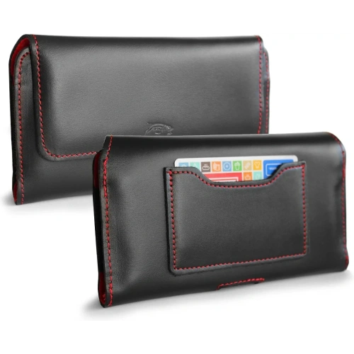 Skórzane etui ochronne LURESKO ELLA XXL na telefon - 170x85x12 / do torebki plecaka (czarny  czerwona nić)