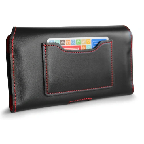 Skórzane etui ochronne LURESKO ELLA XXL na telefon - 170x85x12 / do torebki plecaka (czarny  czerwona nić)