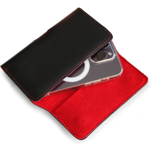 Skórzane etui ochronne LURESKO ELLA XXL na telefon - 170x85x12 / do torebki plecaka (czarny  czerwona nić)