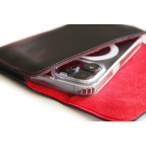 Skórzane etui ochronne LURESKO ELLA XXL na telefon - 170x85x12 / do torebki plecaka (czarny  czerwona nić)