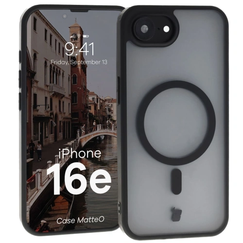 Etui z pierścieniem magnetycznym Bizon Case MatteO Magnetic do Apple iPhone 16e półprzezroczyste z czarną ramką