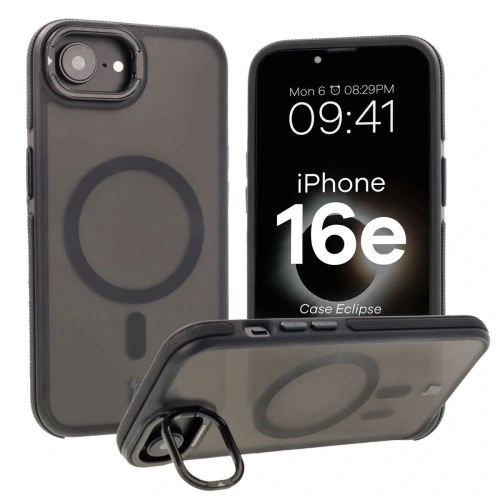 Etui z podstawką i pierścieniem magnetycznym Bizon Case Eclipse Magnetic & Stand do Apple iPhone 16e przydymione z czarną ramką