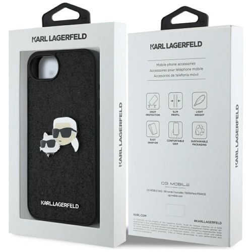 Etui Karl Lagerfeld Fixed Glitter Karl&Choupette Heads Metal Pin do Apple iPhone 16e czarny