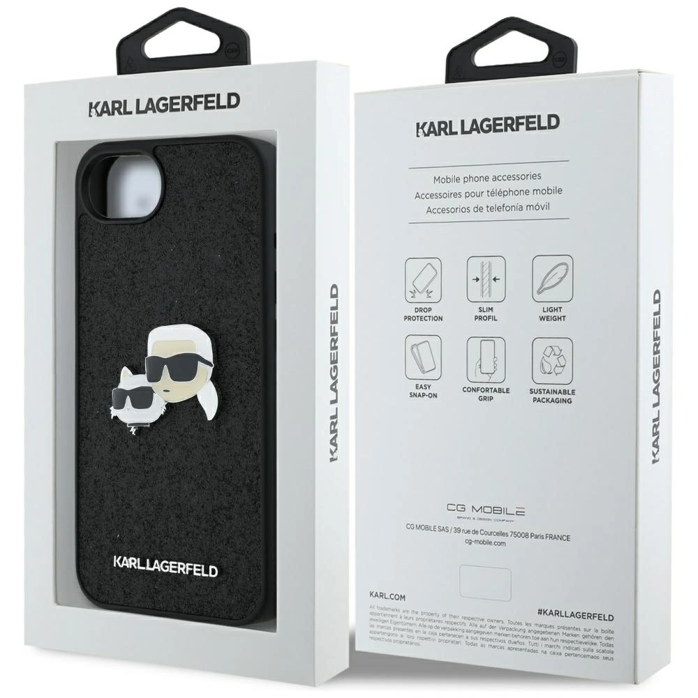 Hurtownia GSM - Etui Karl Lagerfeld Fixed Glitter Karl&Choupette Heads Metal Pin do Apple iPhone 16e czarny - KLD21975 - {ean13} - Hurt