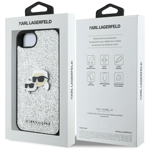 Etui Karl Lagerfeld Fixed Glitter Ikonik Metal Pin do Apple iPhone 16e srebrny