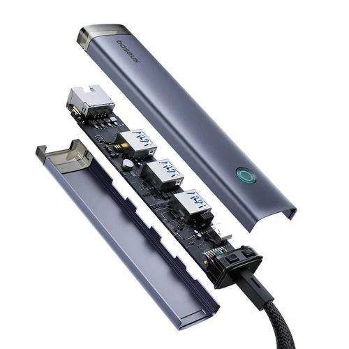 Hub 4w1 Baseus UltraJoy USB-A, USB-C / 3xUSB-A 3.0 + USB-C + RJ45 (szary)
